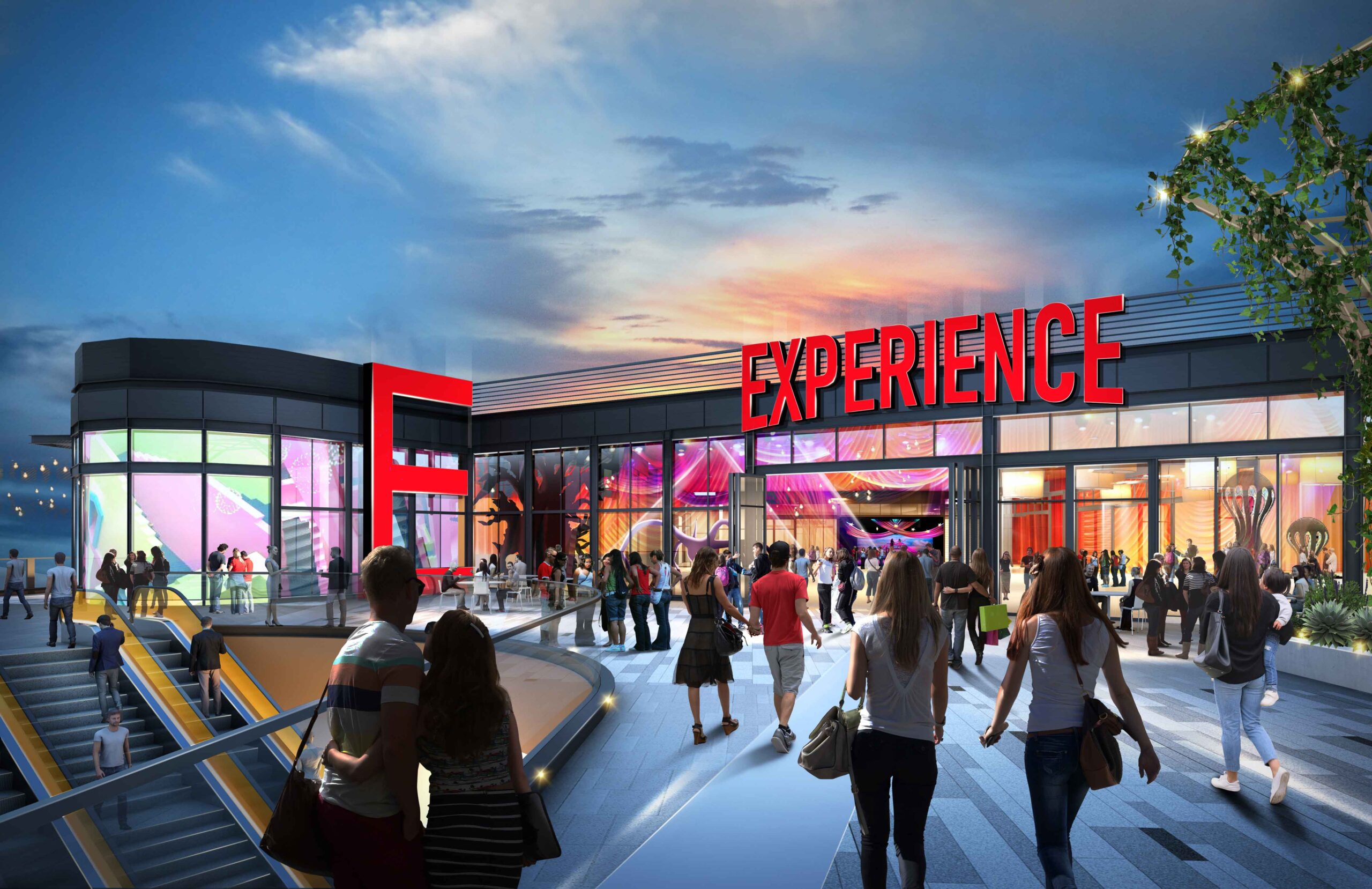 A rooftop view of the BLVD shopping complex showing people enjoying the roodtop experience and a door leading inside with Experience written above the door