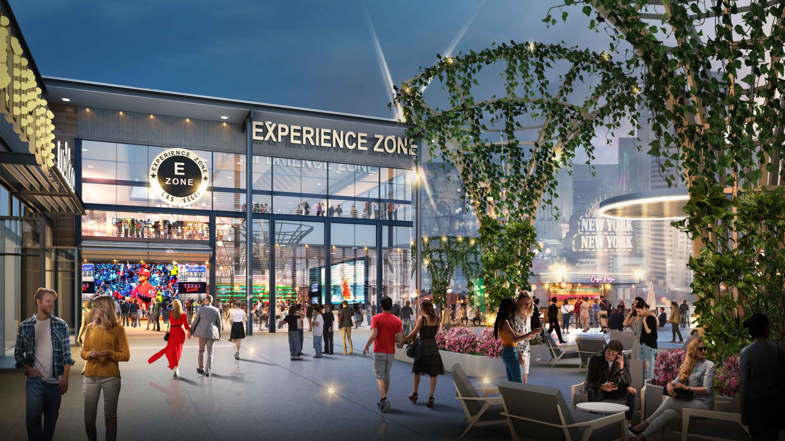 An outdoor image of the 'Experience Zone', with a busy terrace leading to Zone E of the shopping complex