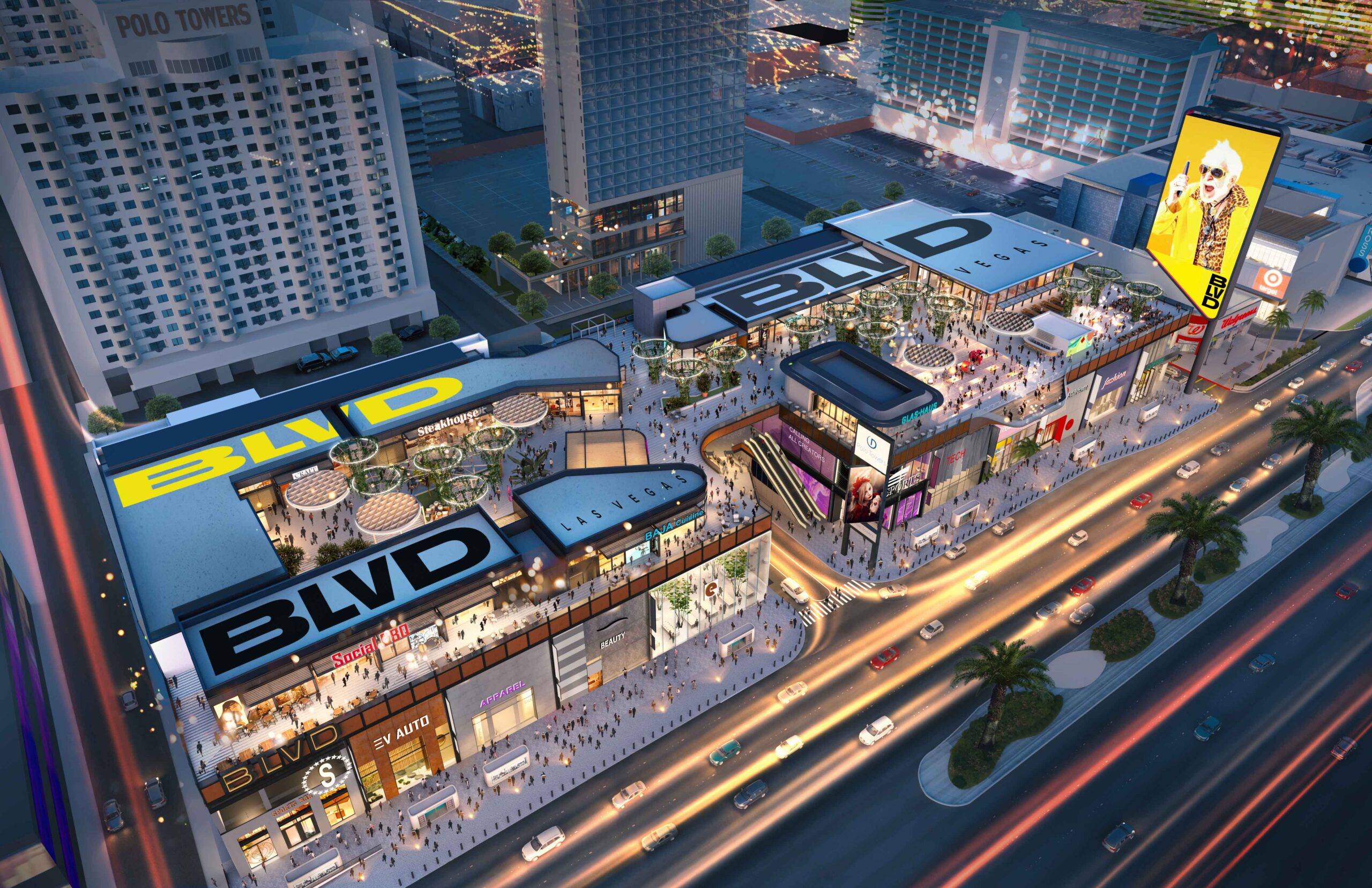 An eagles-eye view of the entire BLVD shopping complex rooftop, featuring athe BLVD logos in blck and yellow on the top of the building.