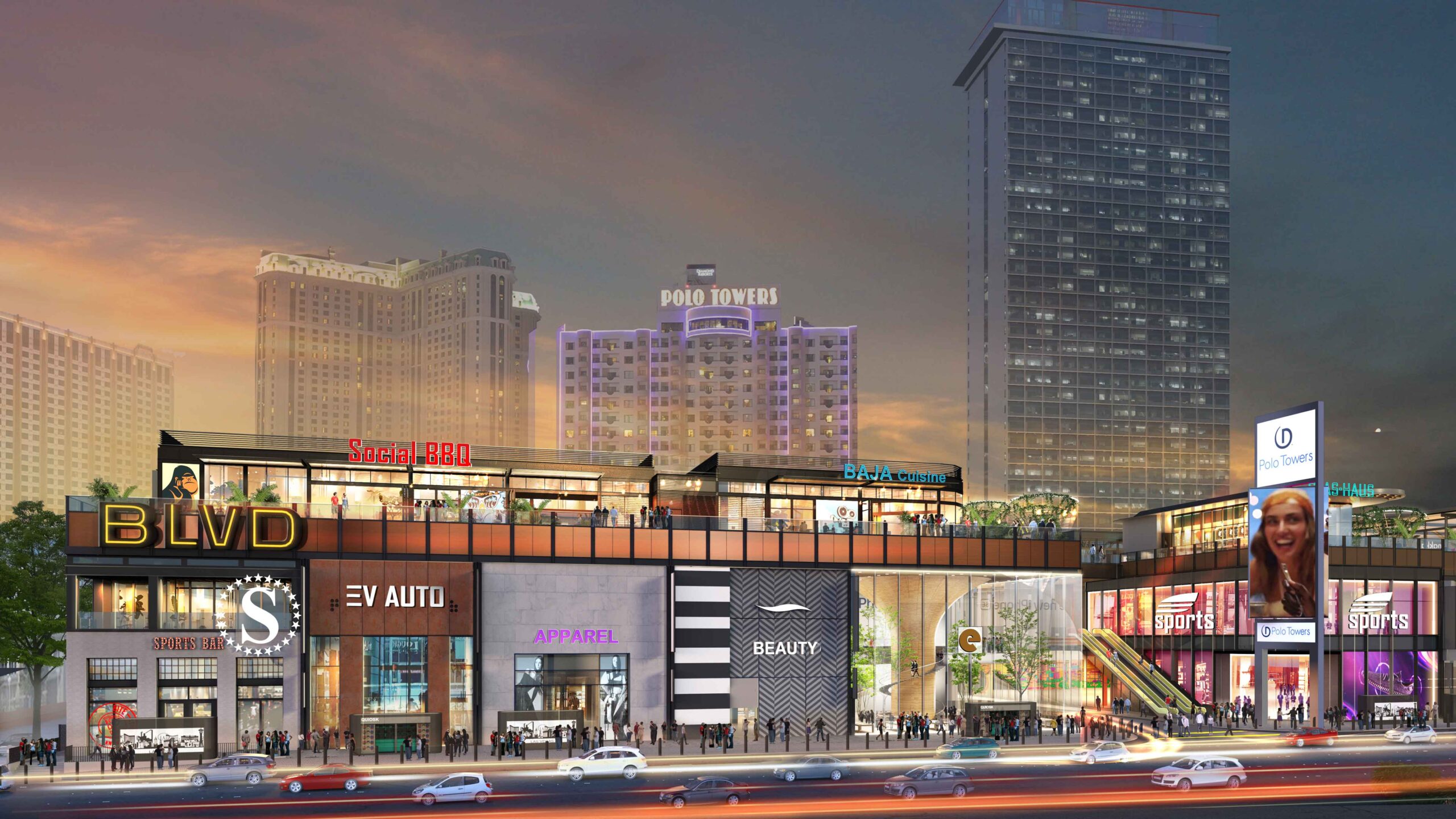 An image of the vibrant BLVD shopping complex showing a number of stores, dining options and street vendors.