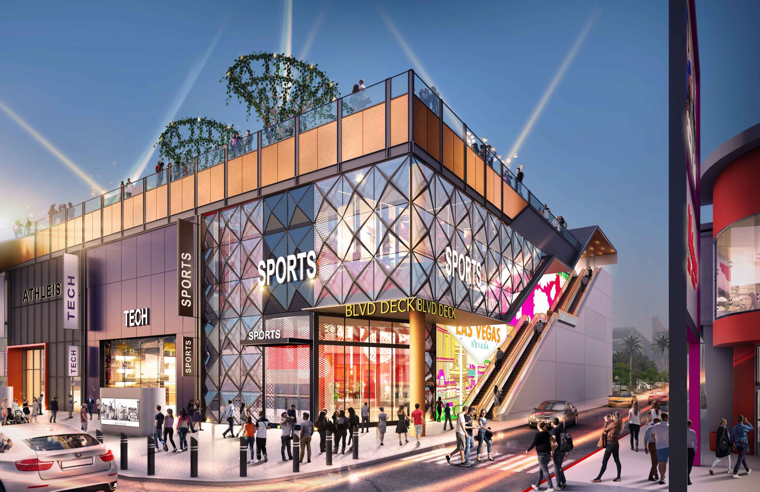 An image of the right corner of the busy BLVD shopping complex with an escalator leading to Upper levels of the building