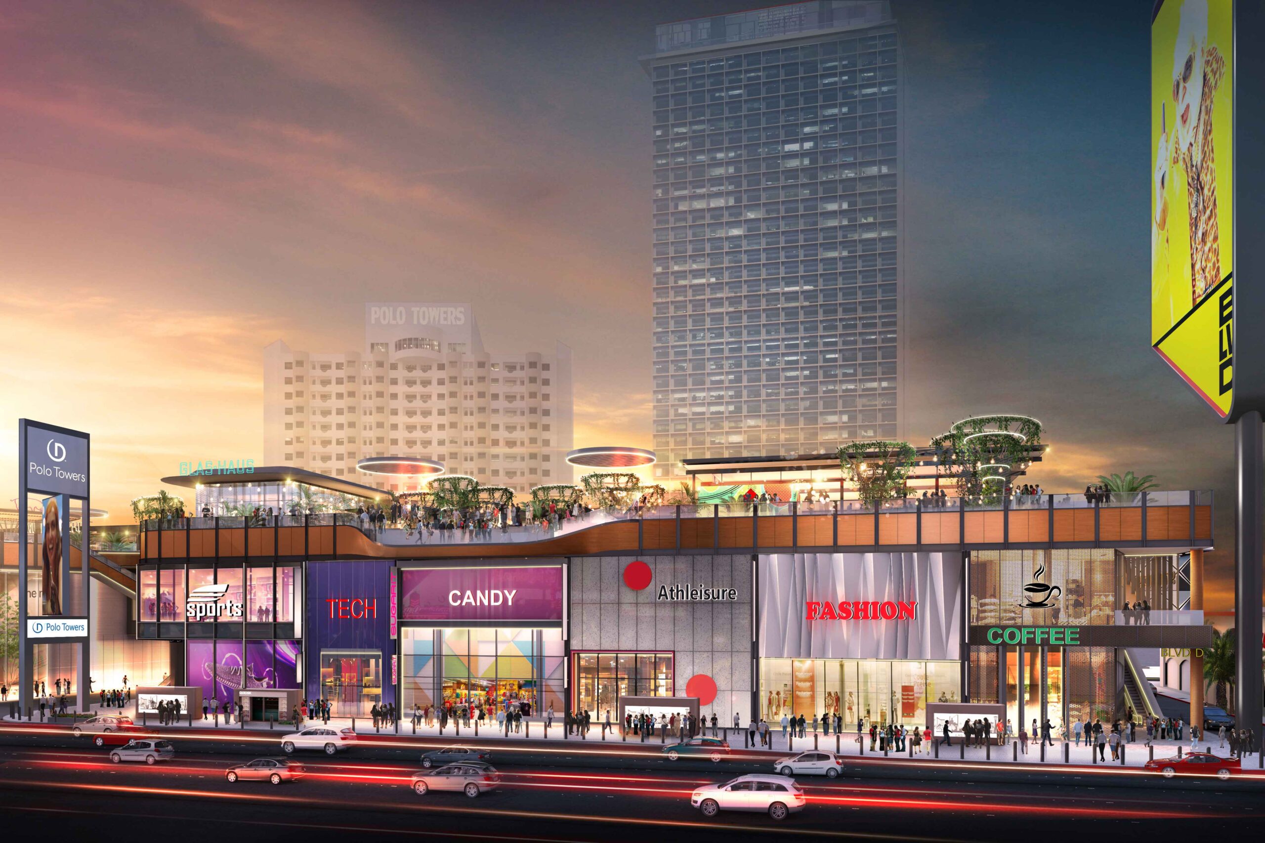 An image of the BLVD shopping complex with vibrant stores and dining optioins on the bottom and rooftop levels