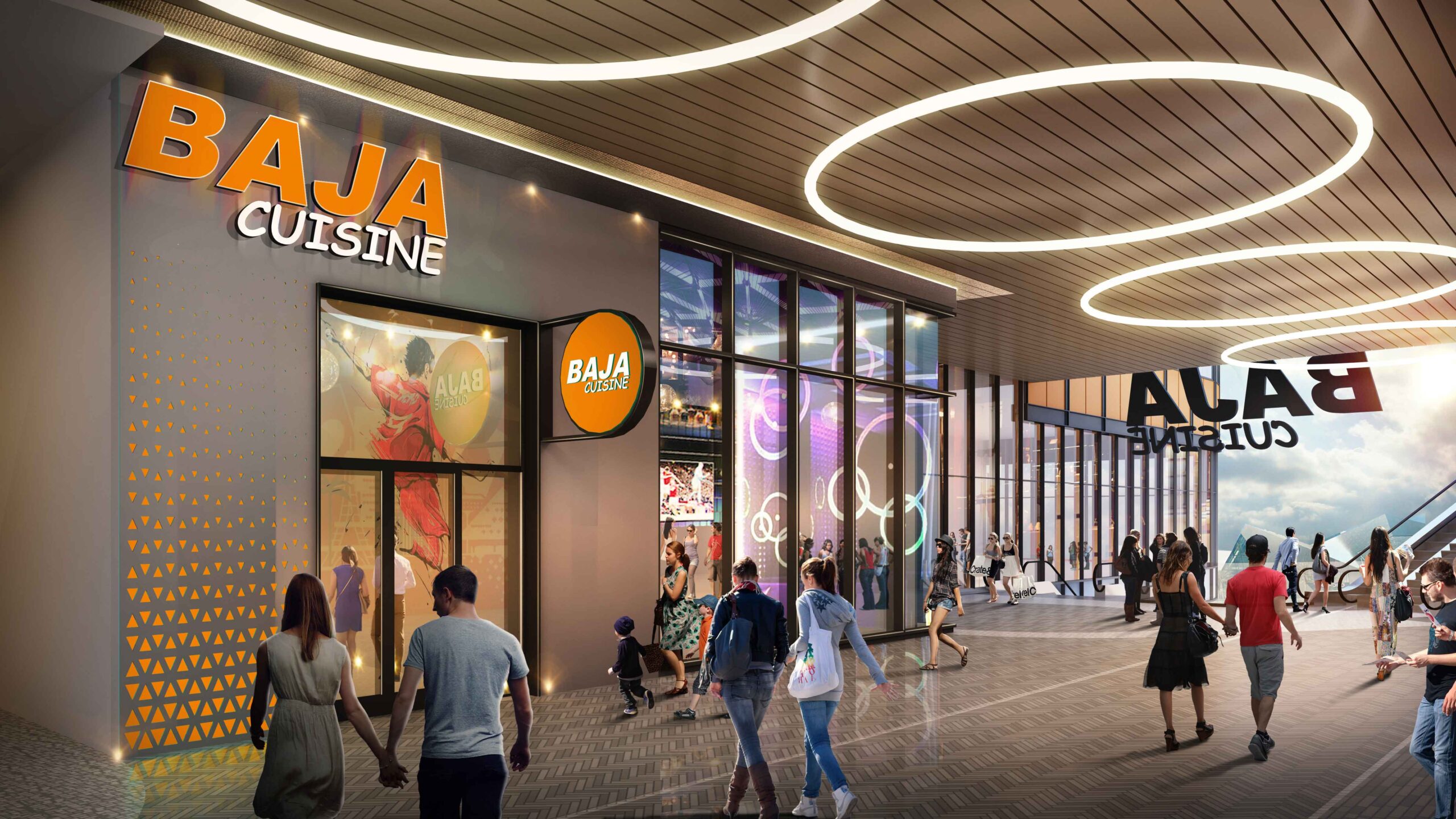 An image of the level 2 terrace with a Baja Cuisine store, and escalators to the right leading to lower levels and upper levels.