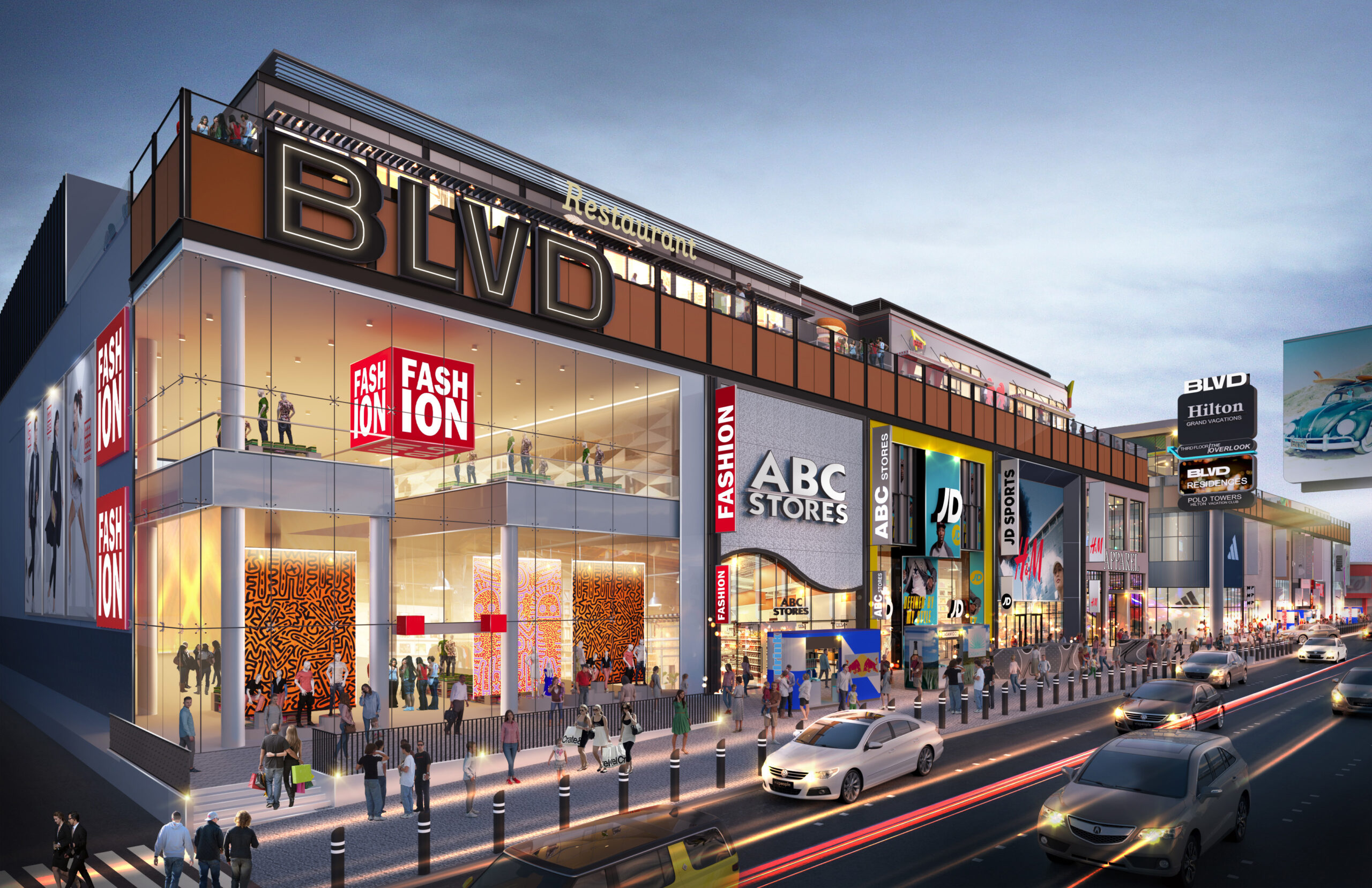 A street level image of the right corner of the BLVD shopping complex showing stores like ABC Stores, JD Sports, H&M, and some street vendors