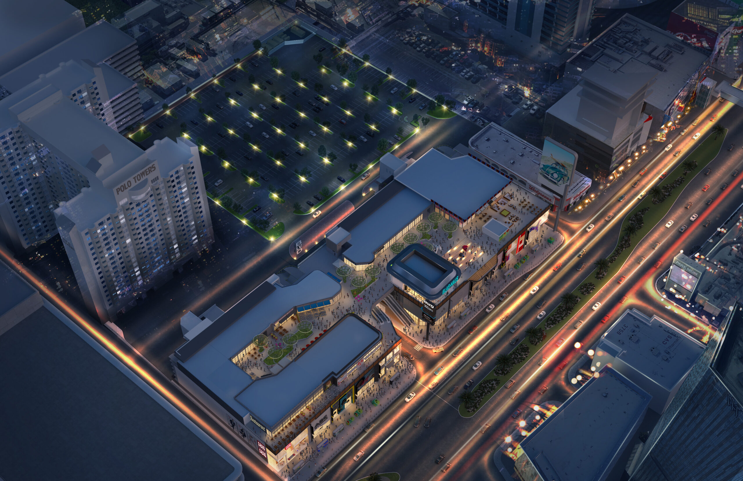 An eagles-eye view of the entire BLVD shopping complex rooftop.