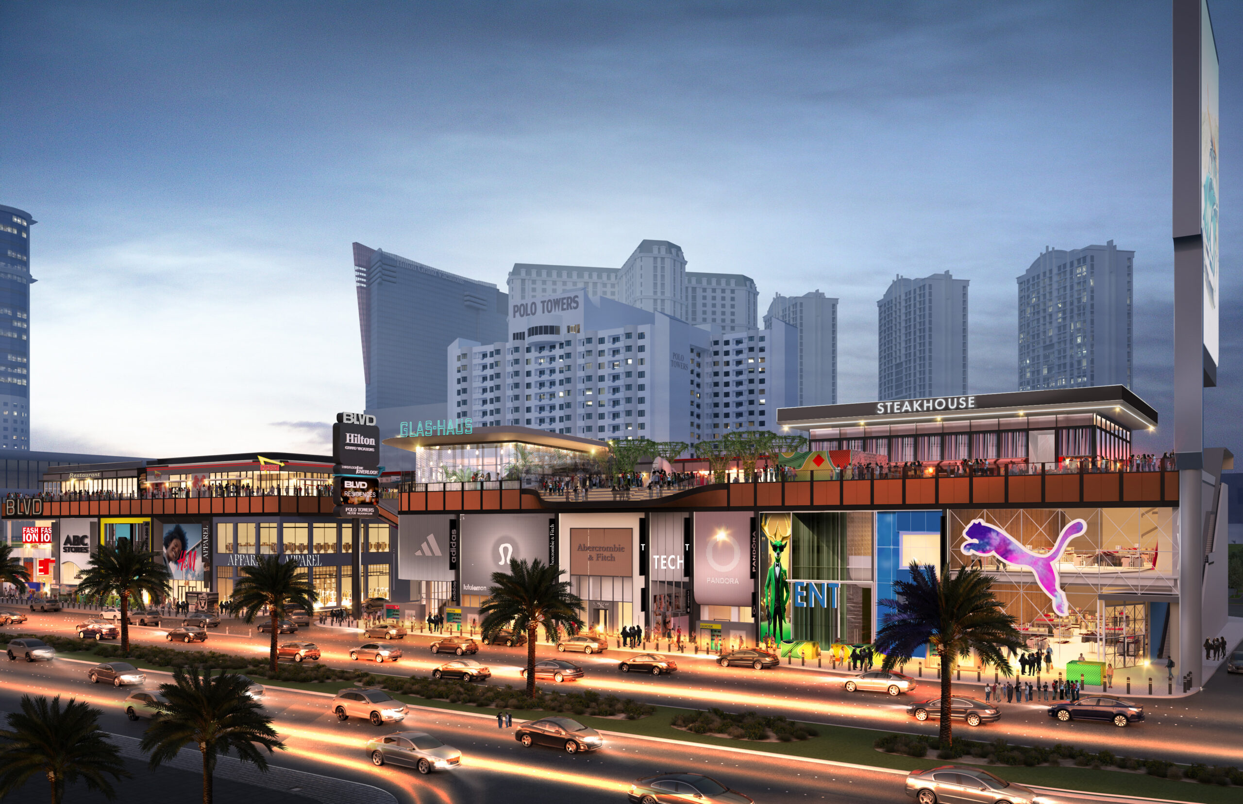 A daytime view of a vibrant shopping complex featuring stores like Puma, Pandora, Abercrombie and Fitch, Lulu Lemon and restaurants on the roof.