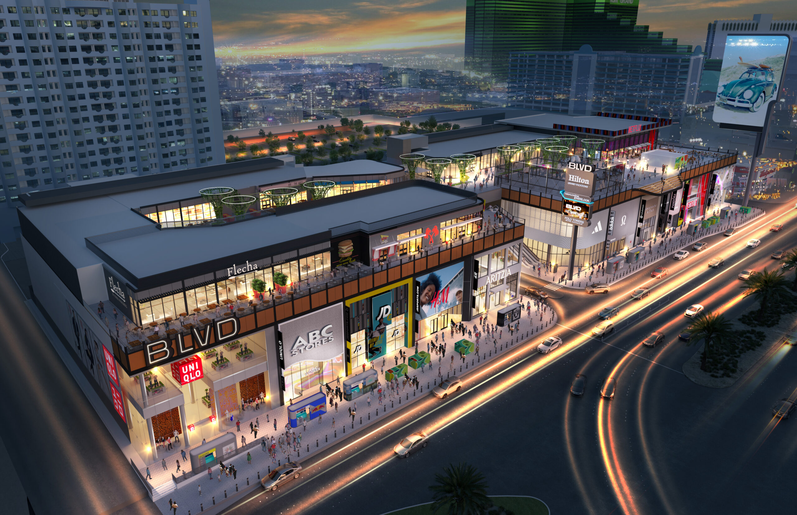 An aerial view of a shopping complex featuring stores like Uniqlo, ABC Stores, JD Sports, H&M, Aritzia and Lulu Lemon